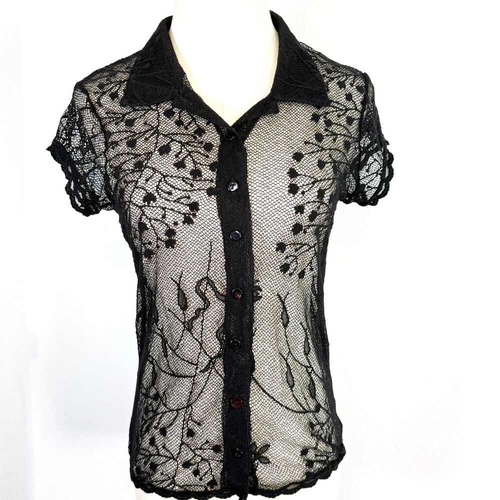 Vintage | Cache | Unique 90s Fishnet Floral Black Goth Button Down Top | Sz S